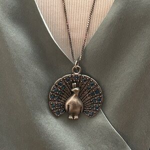 Pewter Peacock Pendant on Long Silver Chain